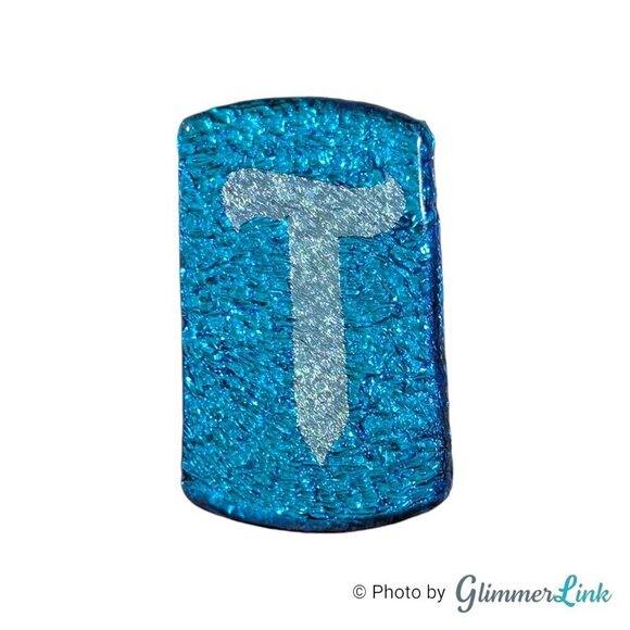 Jewelry - Metallic Blue Dichroic Glass Letter T Art Glass Rectangular Brooch